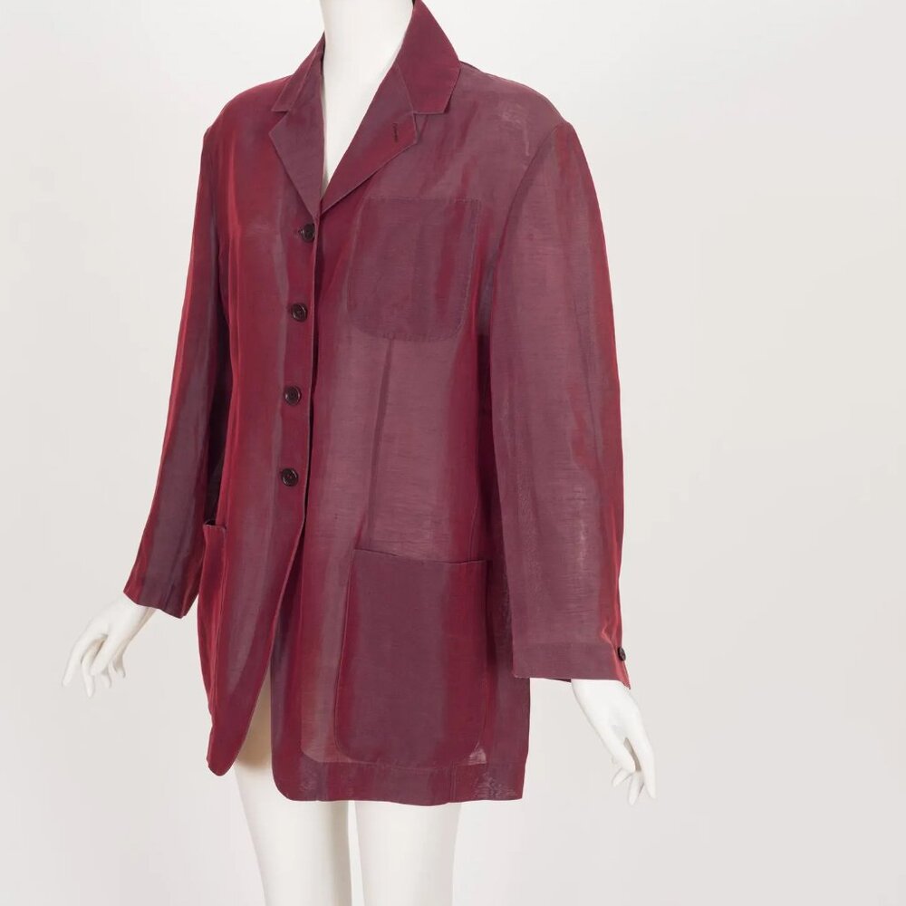 Romeo Gigli 1990s Vintage Iridescent Burgundy Linen & Silk Organza Jacket - Picture 2 of 10